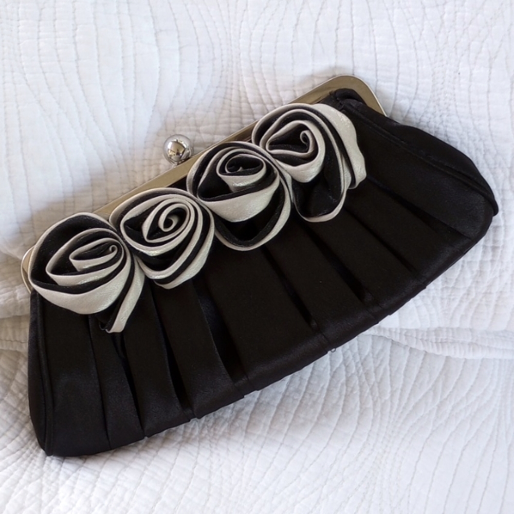 Black Satin Evening Bag with Rosette Embellishments